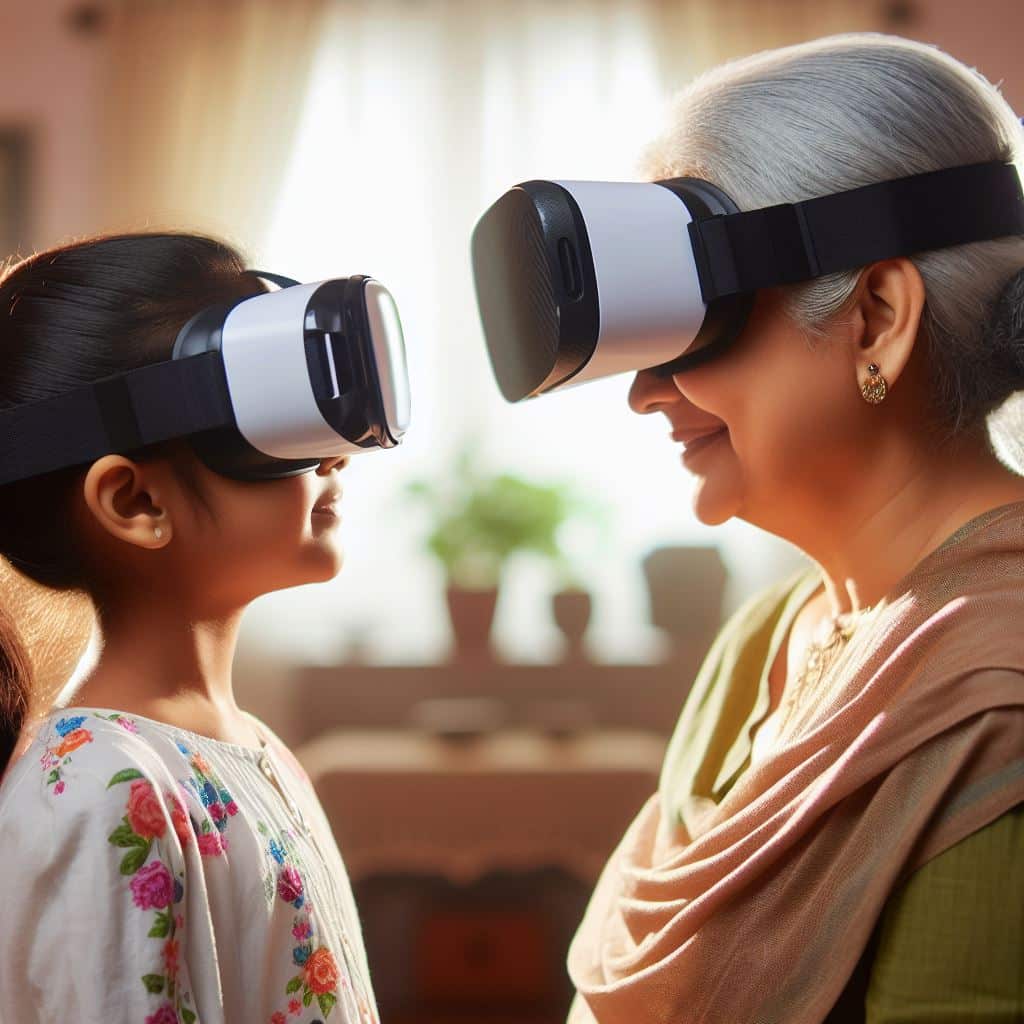 Mamie et petite fille avec des casques de réalité virtuelle